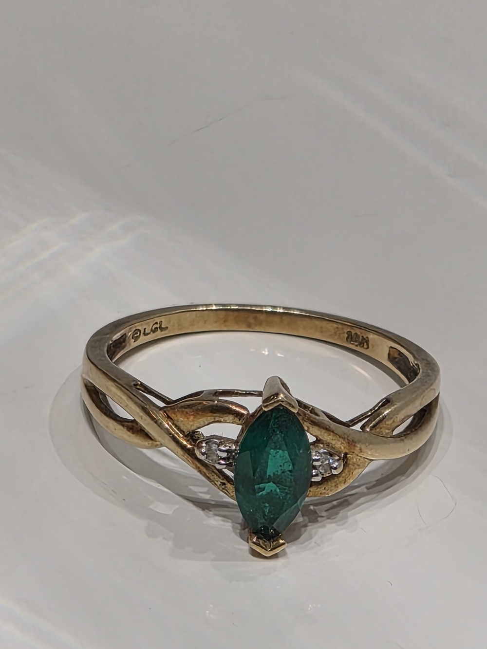 Vintage designer LGL 10K gold marquise cut green stone ring with diamond accents